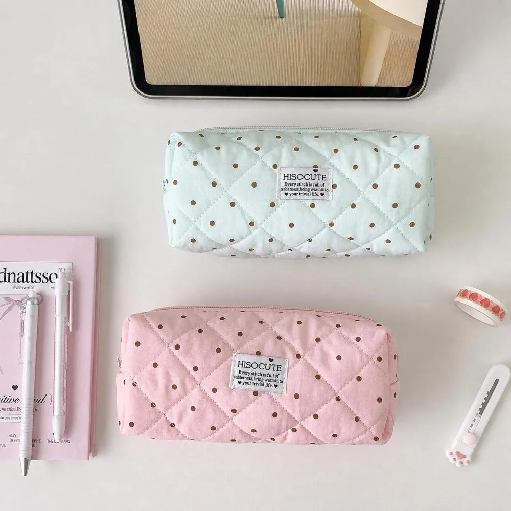 Multi-functional Polka Dot Pen Bag Zipper Large Capacity Makeup Bag Lightweight Stationery Storage Pouch Students Supplies
