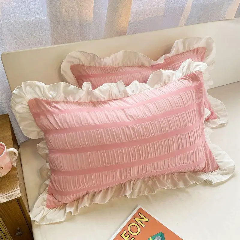 1pcs Princess Style Cute Solid Color Pillowcase with Ruffles Korean Single Student Bedding Soft Girl Fresh Simple Pillow Case