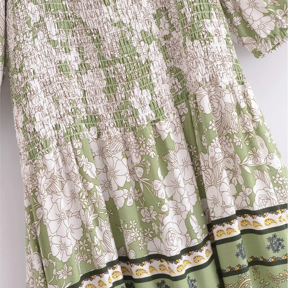 2024 BOHO Green Flower Print Maxi Dress Holiday Woman Wood ears Elastic Slash Shoulder Puff Sleeve Bodycon Chest Beach Robe