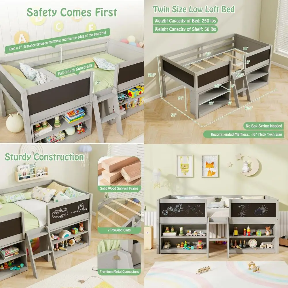 

Twin Size Low Loft Bed with Storage Shelves, Chalkboard, Ladder, Solid Wood, Play Area for Kids, Grey, No Box Spring Needed