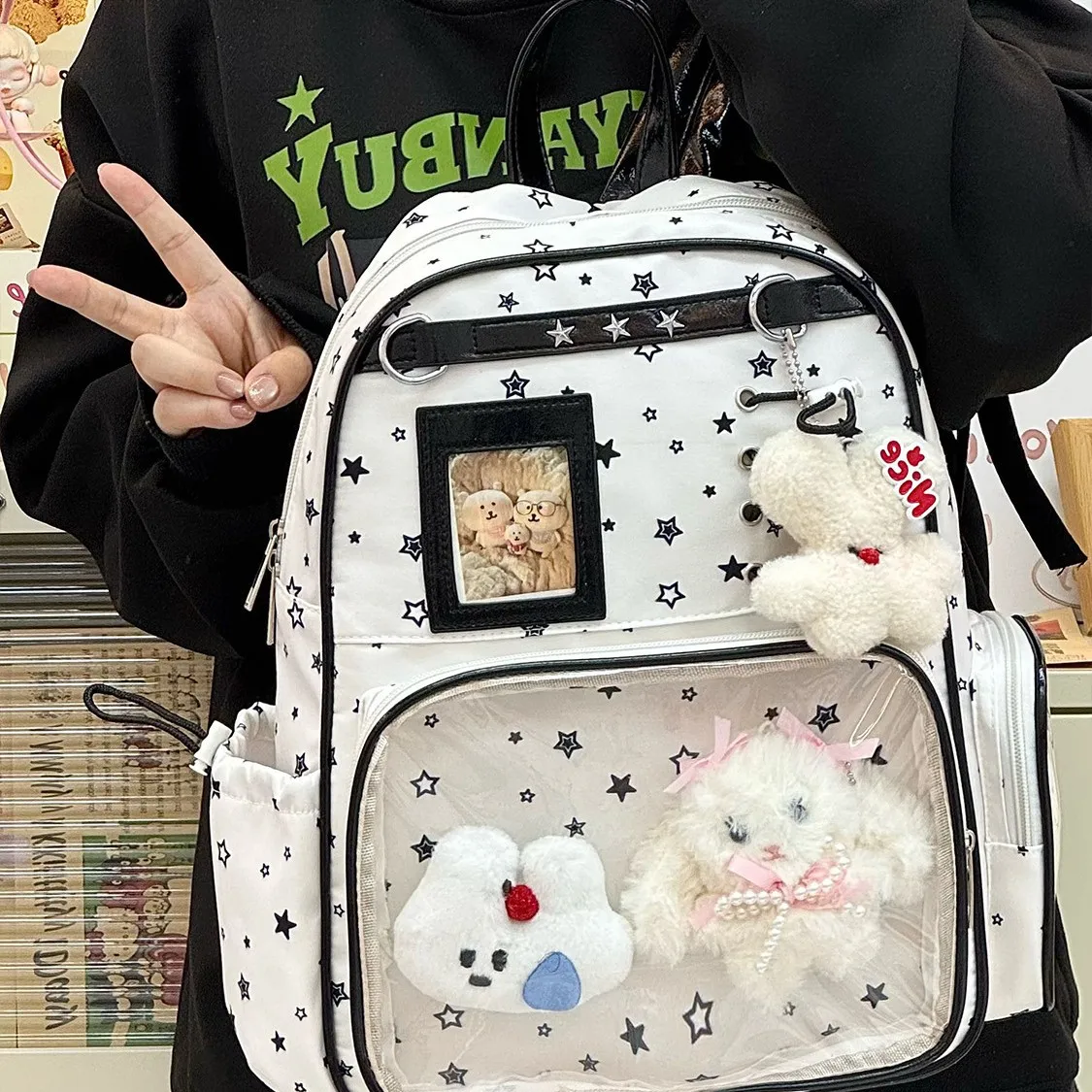 Japanese Star Printed Transparent Ita Backpack Three Colors Retro Lace Up Design Doll Badge Storage Anime Girls School Rucksack