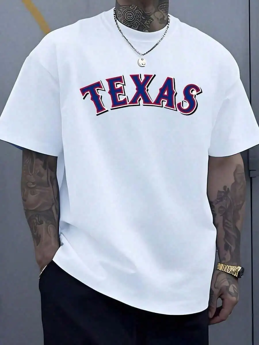 Texas Letter Print Men's Sports T Shirt Vintage Streetwear Style 100% Cotton Tee Casual Fashion Digital Printed T Shirt For Summ