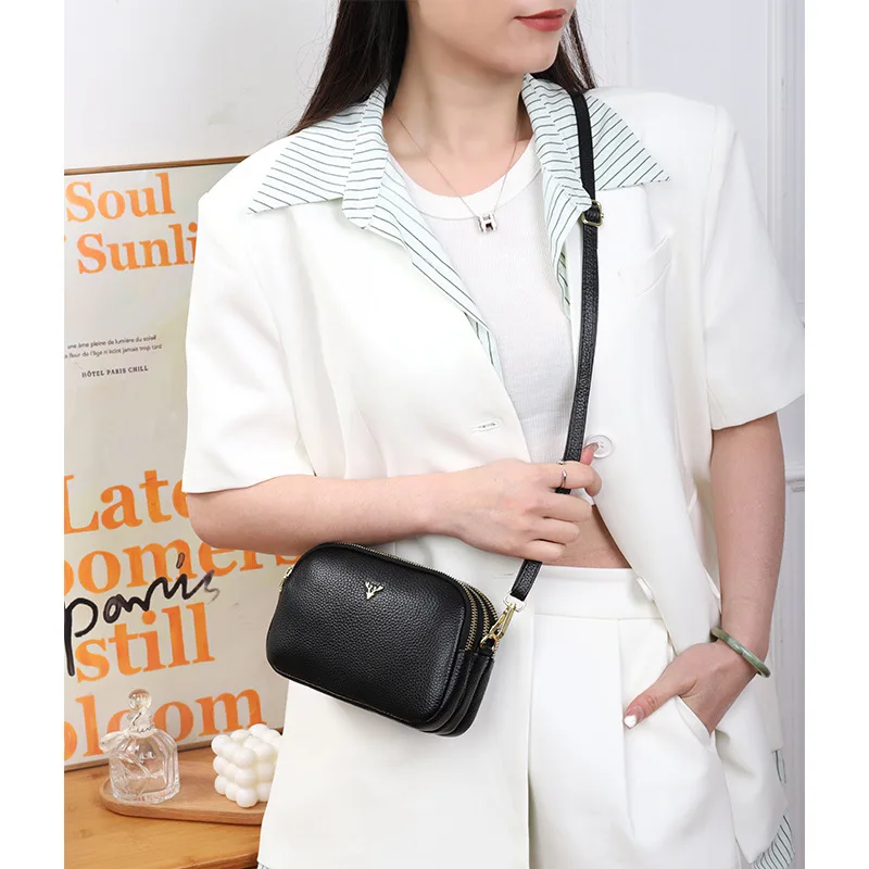 

2025 Hot Sales Genuine Leather Cross-body Bag for Women 3 Zipper Layers New Fashion Female Shoulder Bag Cowhide Lady Phone Purse
