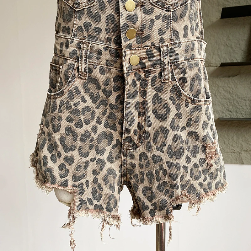 アメリカンスタイルヒョウデニムワンピースショーツ女性夏の穴生エッジストレートロンパーススパイスガールロンパース