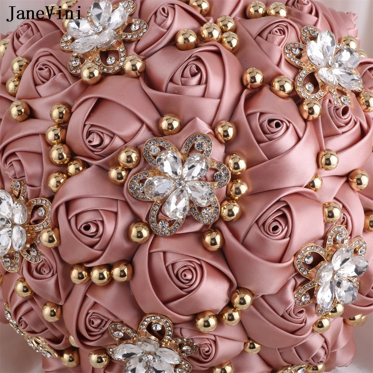 Janevini Bling Diamant Goldschmuck Braut brosche Blumen sträuße staubige rosa Hochzeits blumen künstliche Satin Rosen Bouquet Fleurs Luxus