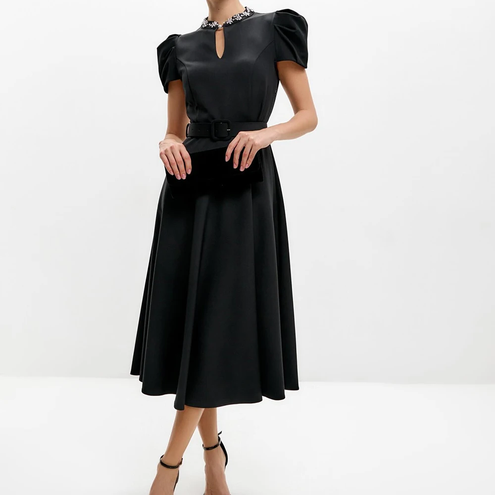 

Customized A-line Evening Dresses Tea-length High-neck Short Sleeve Prom Gown Fashion Crystal Sashes Simple Draped Party Gown