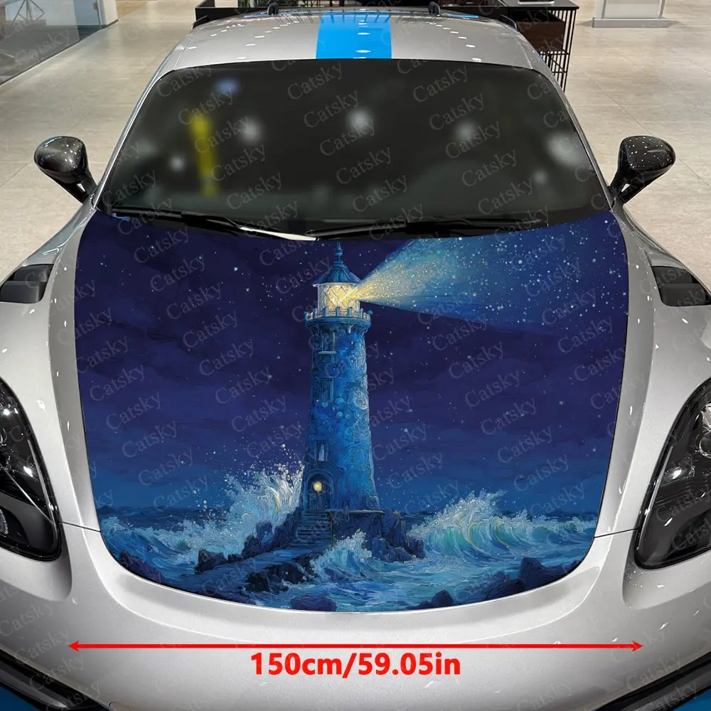 Lighthouse In The Sea Car Hood Decal, Durable PVC Vinyl Wrap For Most Vehicles, Engine Cover Protective Film, Realistic Pattern