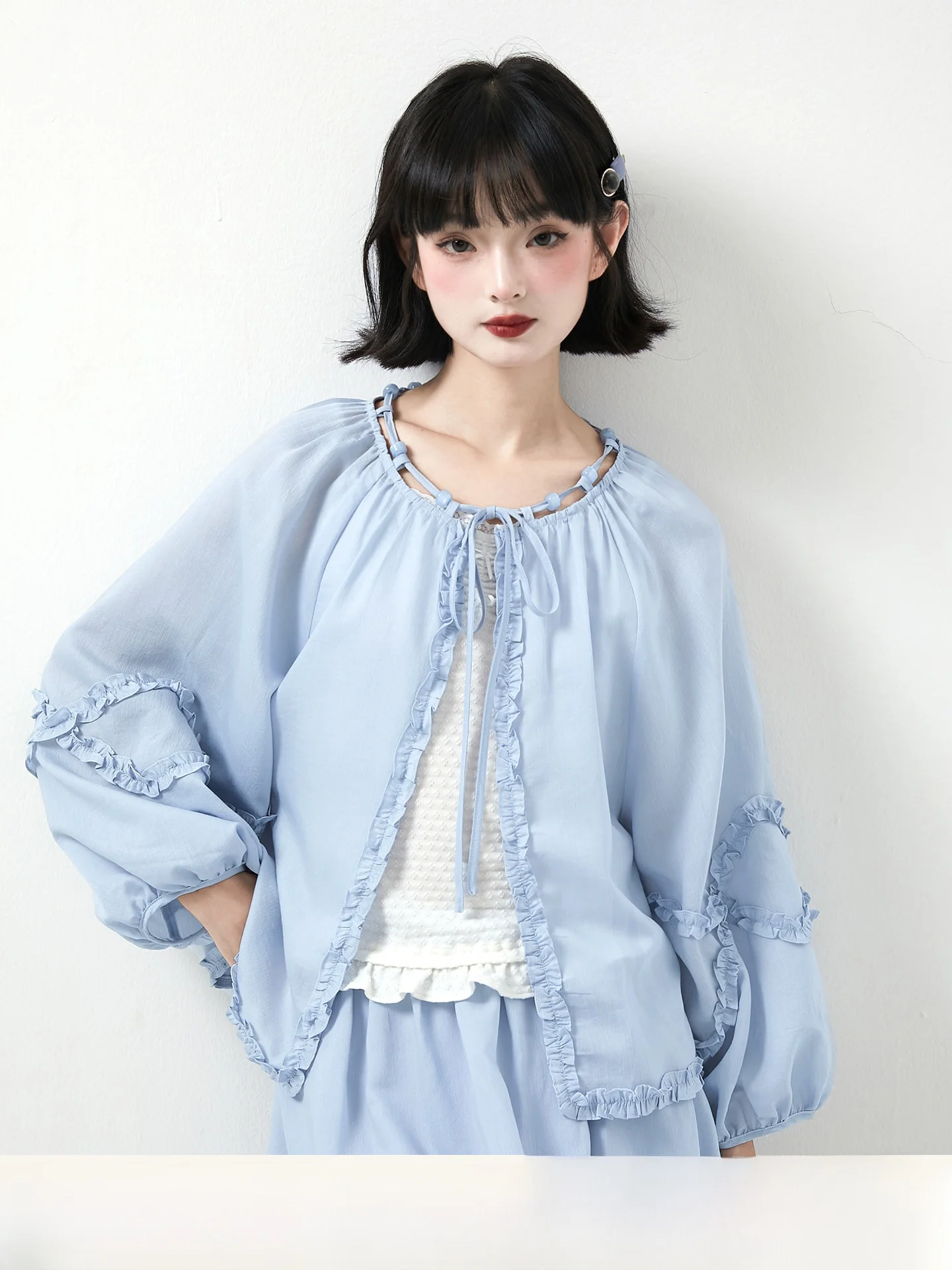 

Detachable Knot Beaded Long Sve Cover up Top in Light Blue Colorable Cute Sle Loose Fit T-irt for Women