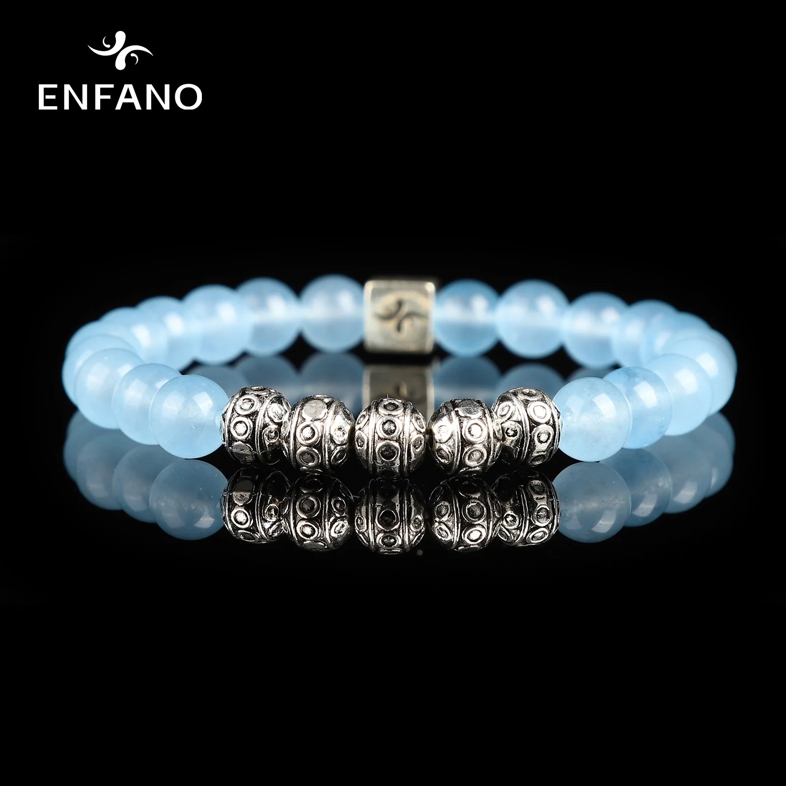 

ENFANO Aquamarine Bracelet 8mm Round Bead Bracelet Round Fashion Men's and Women's Size Name Text Personalized Customized Gift