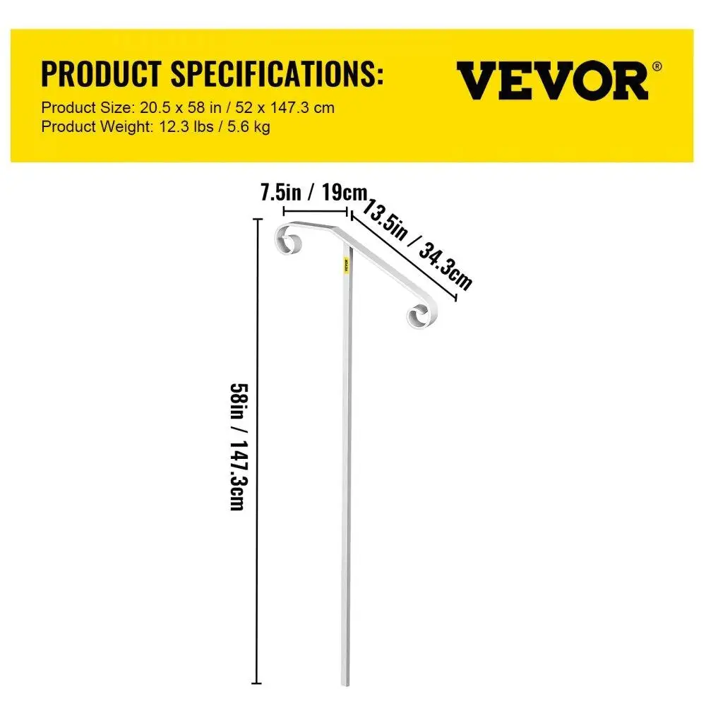 Single Post Wrought Iron Handrail - Ground Mount Step Grab Support for 1 or 2 Steps - Durable Safety Railing