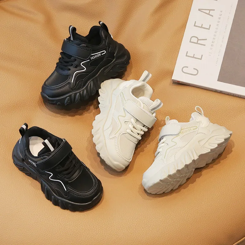 

Children Spring Autumn Versatile Sneakers Boys Soft Soled Casual Dad Shoes Mesh Non Slip Girls Velcro Solid Color White Shoes