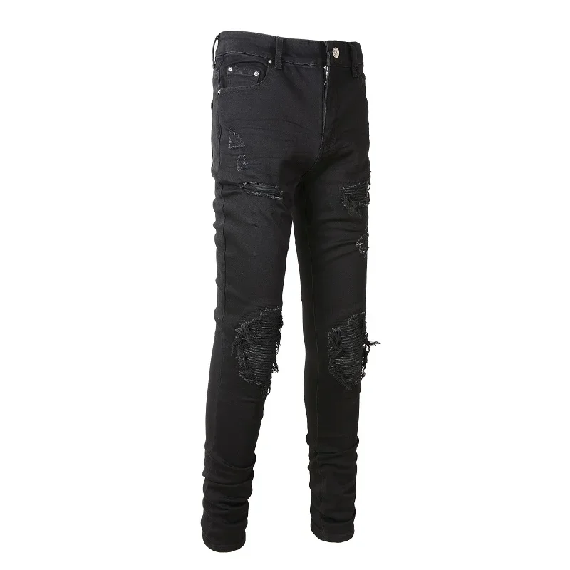 

Black EU Drip Jeans High Street Slim Fit Distressed Holes Black Leather Ribs Patchwork Stretch Ripped Jeans For Young Boy