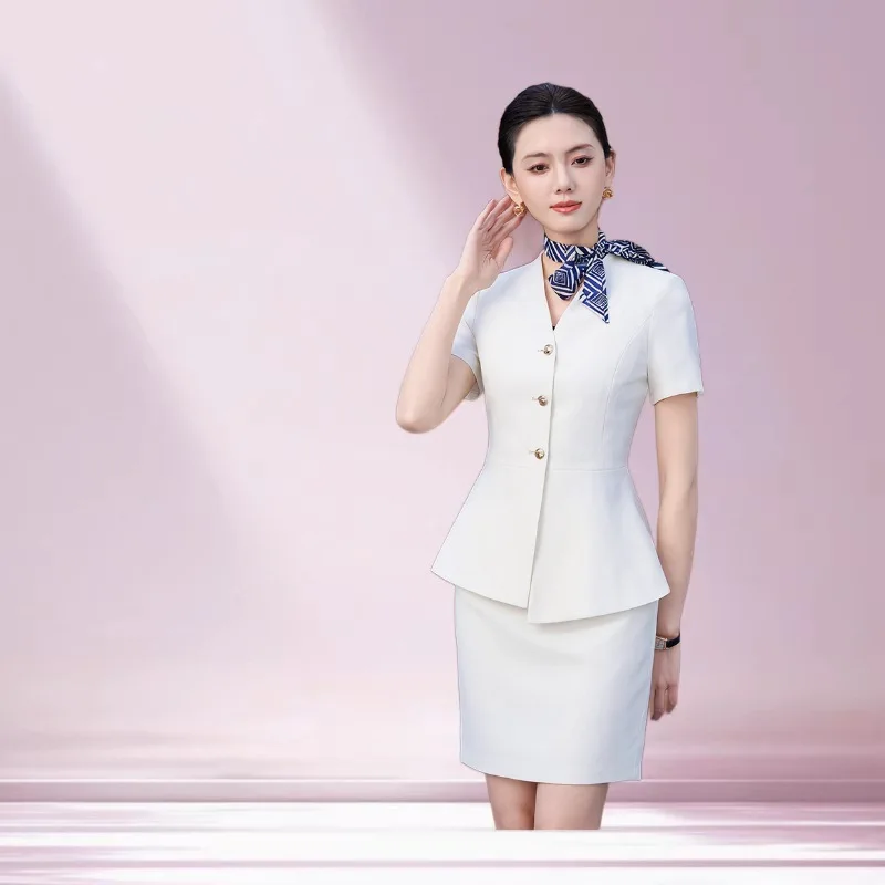 Navy blue professional suit for women, summer short-sleeved, elegant, suitable for hotel reception and jewelry store work, with