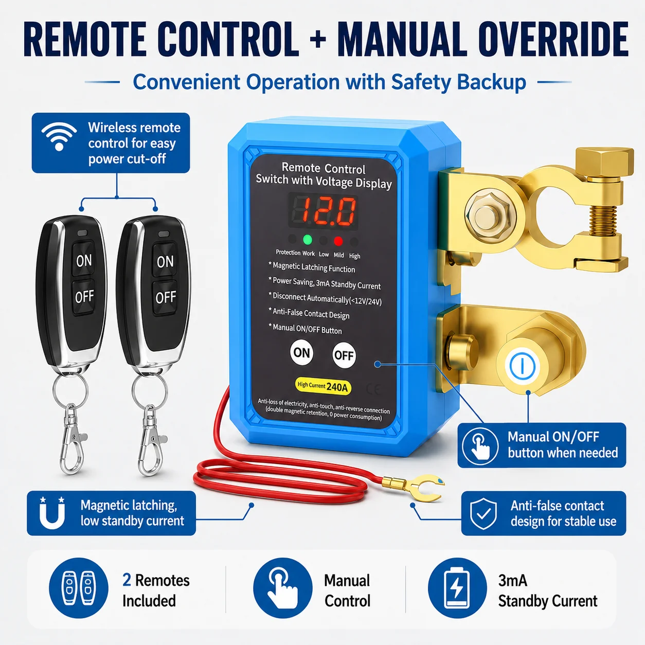 Interruptor Maestro de Batería para Auto con Control Remoto, Interruptor de Desconexión de Batería de 240A y 12V con Pantalla LED de Voltaje, Automático