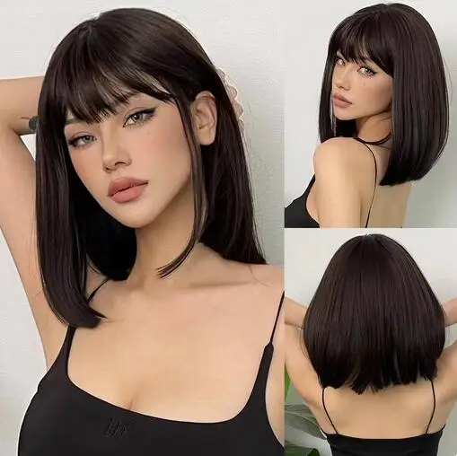 Wig Woman Short Black Air Bangs Synthetic Wig Girl Short Straight Hair Natural Heat Resistant Daily Use Full Head Cover