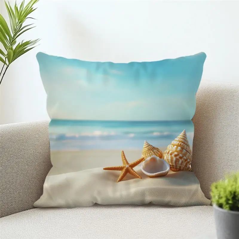 Summer Beach Style Throw Pillowcase Blue Cushion Cover Sky Shells Print Pillow Covers Home Decor Square Pillowcase