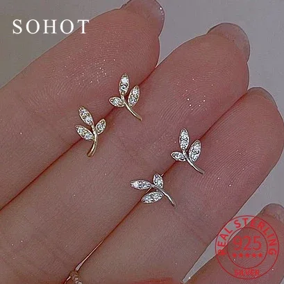 Real 925 Sterling Silver Mini Zircon Olive Branch Stud Earrings for Women Cute Fine Jewelry Minimalist Plant Accessories