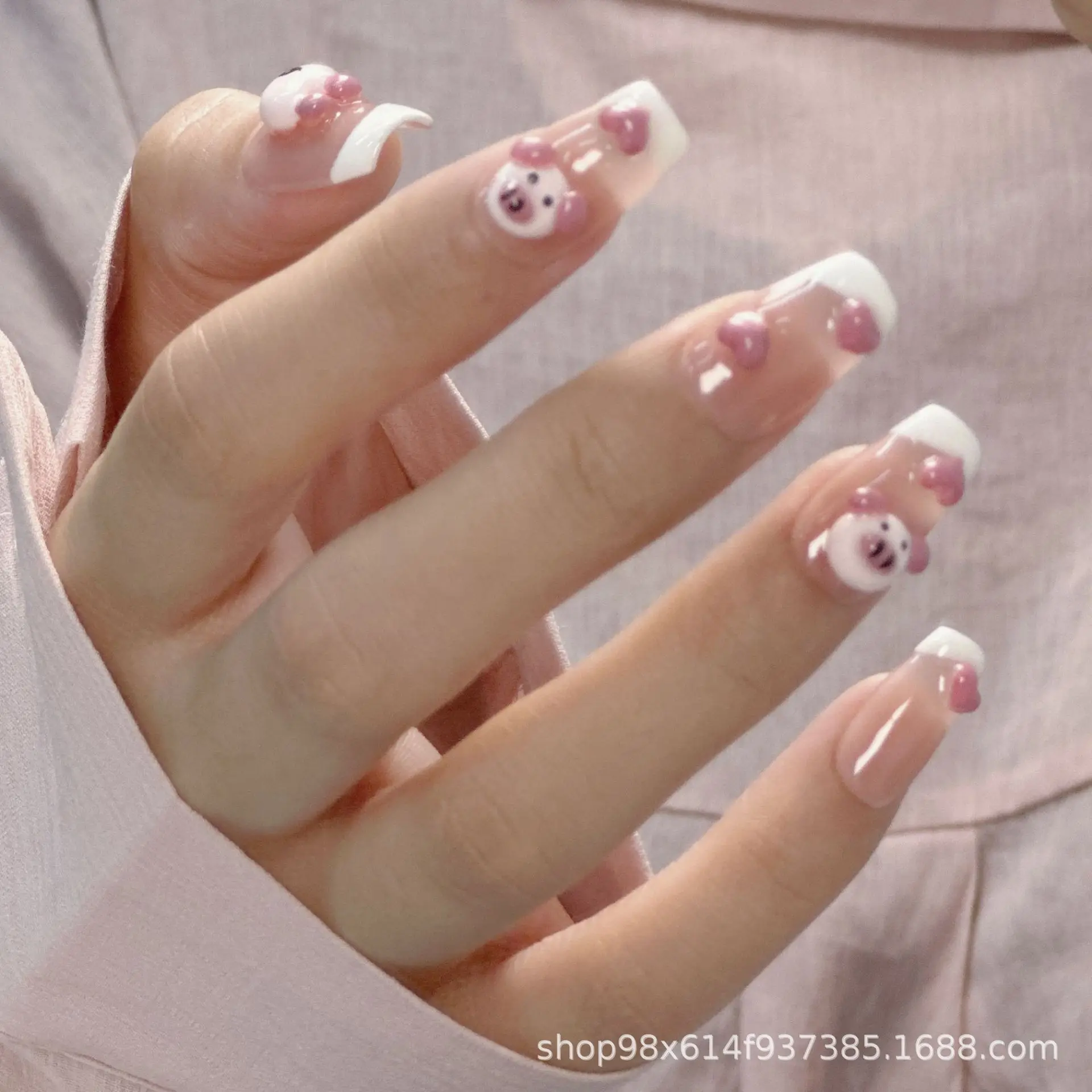 Emmabeauty Handmade Press On Nails Cartoon Cute 3D Pink Pig Short with Lovely and Removable Design for Girl Style.No.24511