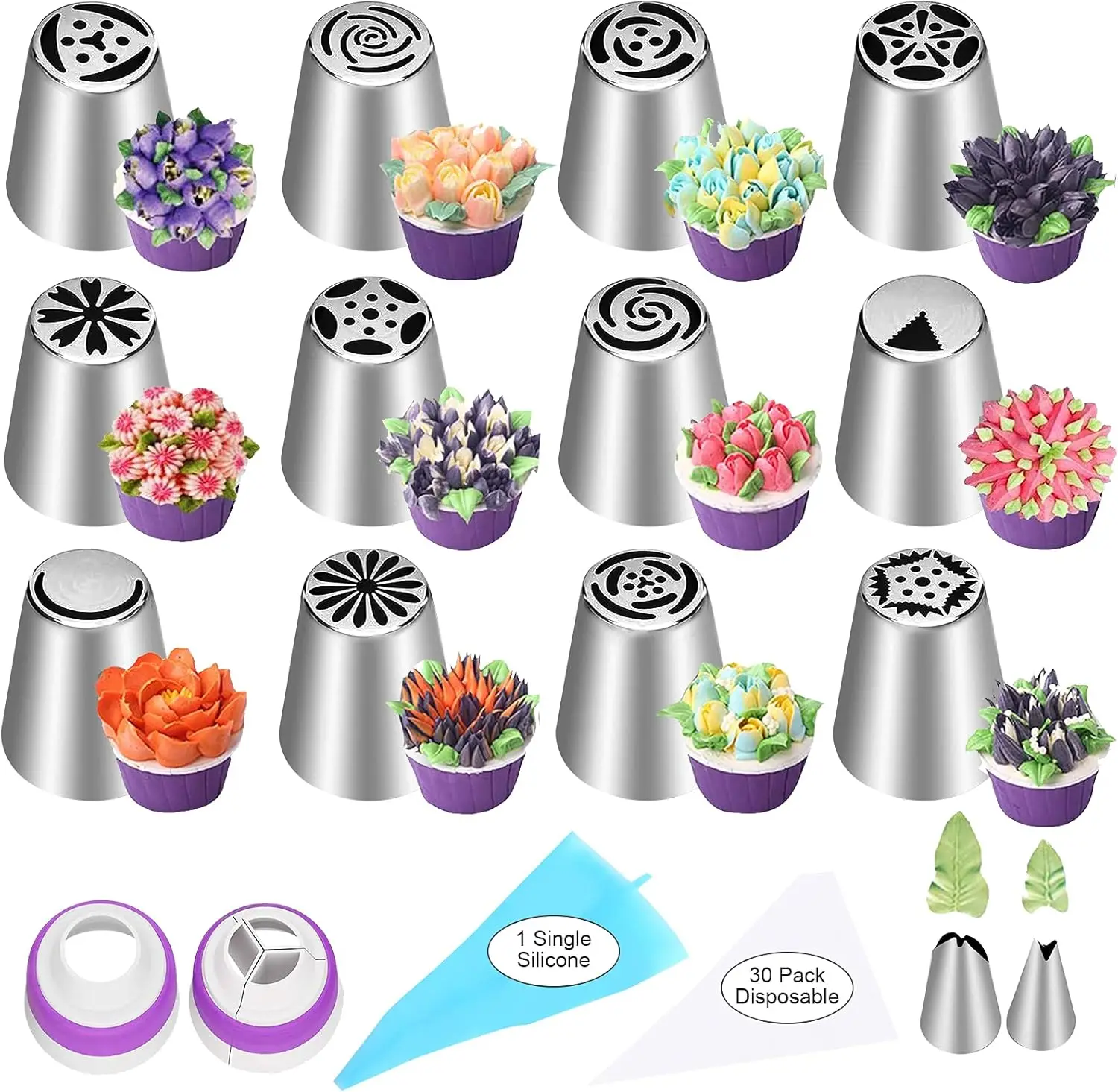27Pcs Cake Decorating Piping Tips Set, Baking Supplies Kit with Reusable Bags, Couplers, Ties & Brush, Ideal for Beginners, Cupc