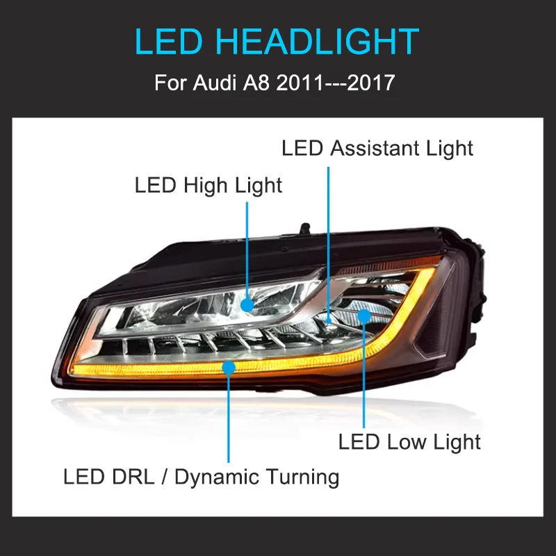 1 Pair LED Headlight Assembly for Audi A8 2011-2017 Headlights Plug and Play with LED DRL Dynamic Turning Front Headlights