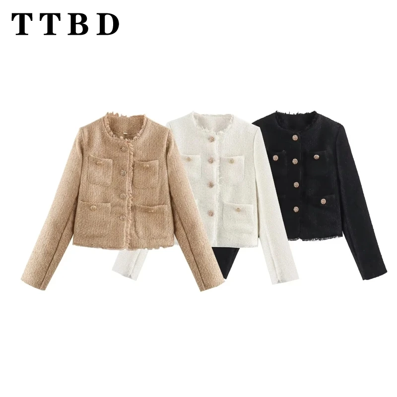 TTBD 2024 nuevo otoño mujer Casual cuello redondo Color sólido chaqueta de manga larga Top moda femenina abrigo con bolsillos de un solo pecho