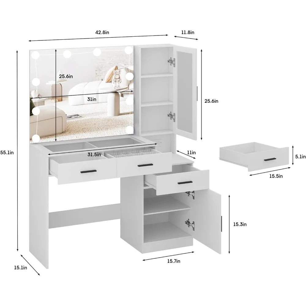 โต๊ะเครื่องแป้งขนาด 43 นิ้ว พร้อมท็อปกระจก, โต๊ะเครื่องแป้งสีขาวพร้อมกระจกและไฟ & แท่นชาร์จ, ชุดโต๊ะเครื่องแป้งพร้อมไฟ RGB