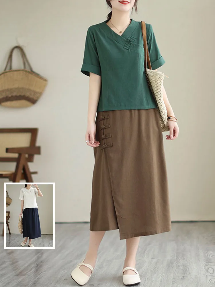 

Летний винтажный ort Sve irt Свободный комплект из хлопка и льна с разрезом юбки Комплект из двух предметов для женщин на пуговицах спереди