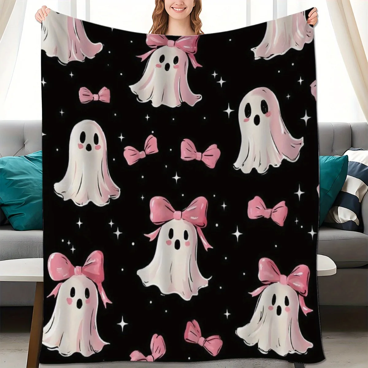 Local Direct Supply 1pc Halloween Pink Bow Flannel Throw Blanket - Soft, Warm, and Comfortable with a Black Background Featuring White and Pink Ghosts, Bows, and Stars Pattern, Machine Washable, Suitable for All Seasons, Ideal for Beds