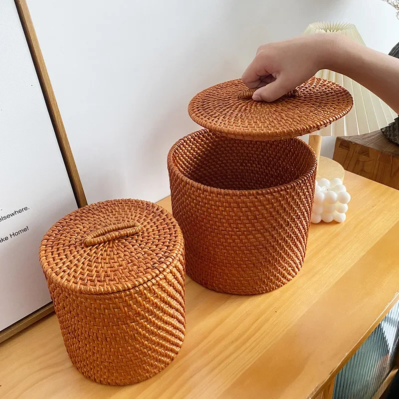 

Handwoven Vietnamese Rattan Basket - Round Storage Bin for Fruits, Snacks & Blankets, Boho Chic Home Decor & Desktop Organizer (