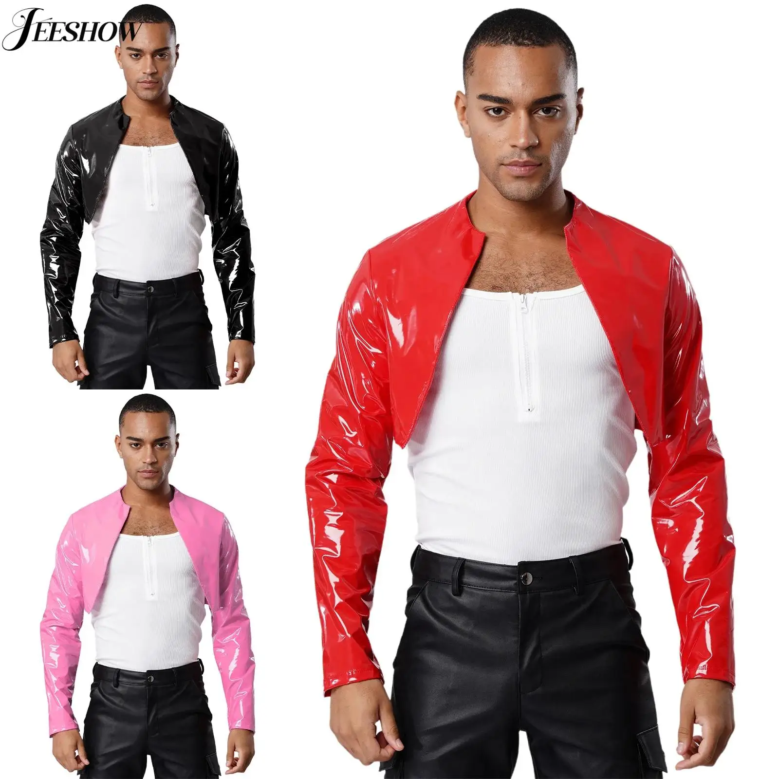 

Мужская укороченная куртка из искусственной кожи с мокрым эффектом, блестящая металлическая верхняя одежда с длинными рукавами и открытой передней частью, клубные вечерние мотоциклетные байкерские куртки