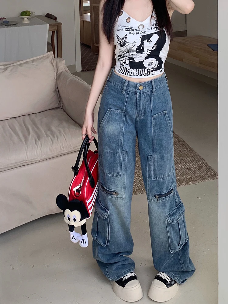 WCFCX STUDIO Multi-Pocket Blue Washed Cargo Jeans Y2k Retro Streetwear Fashion High Waist Jeans Harajuku Casual Wide Leg Pants