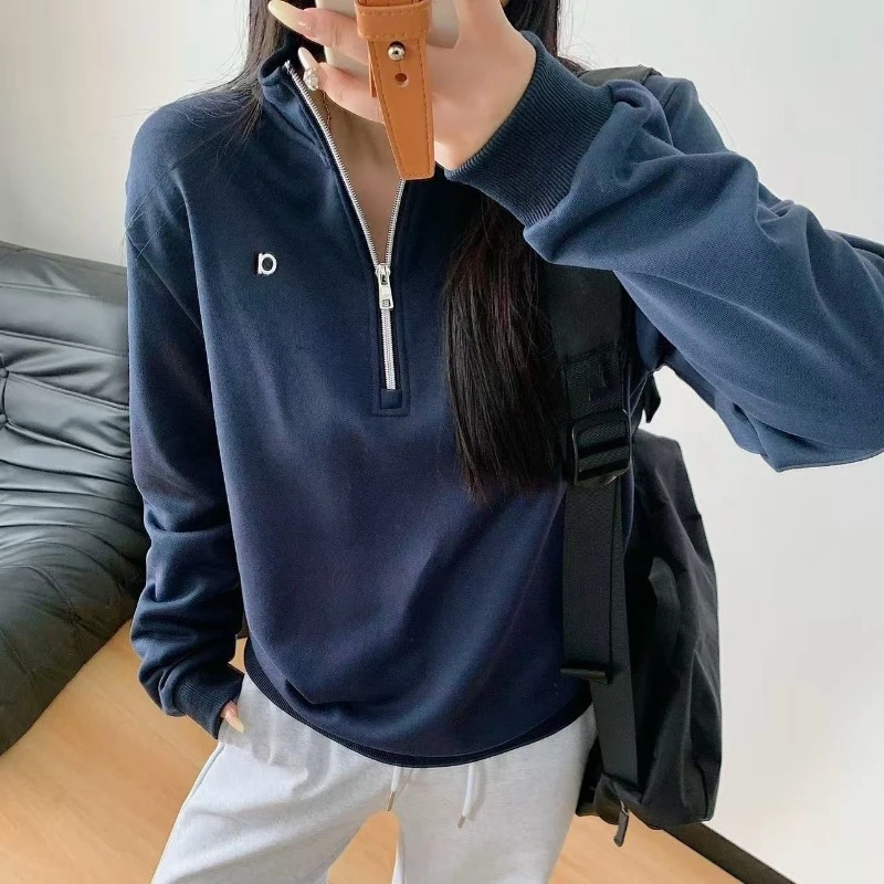 الوقوف طوق نصف البريدي البلوز 2025 الخريف والشتاء الترفيه فضفاضة تناسب هوديس المرأة القطن الجري اللياقة البدنية الرياضة البلوز #3