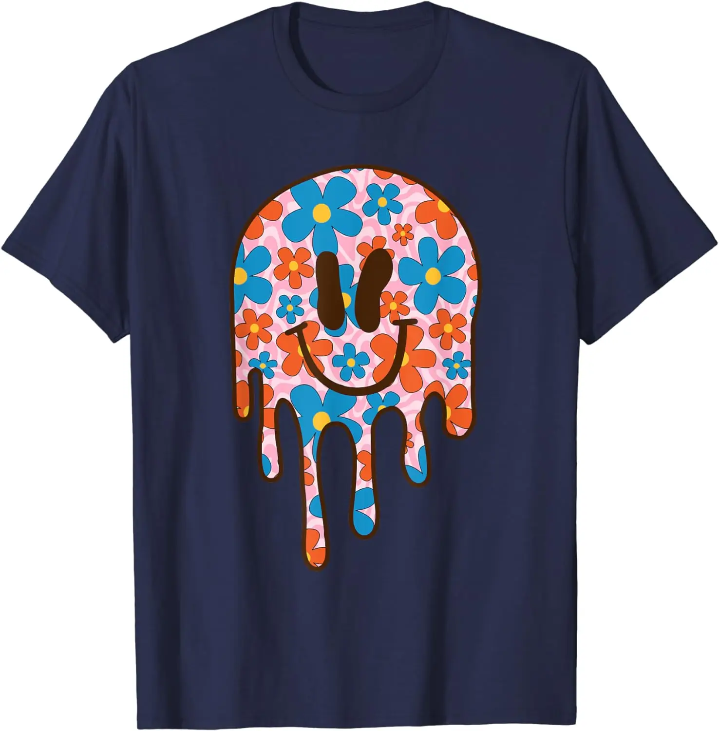 Summer 2024 New Fun Daisy Flower Retro Smile Drop Face Cute Couple Fashion T-shirt