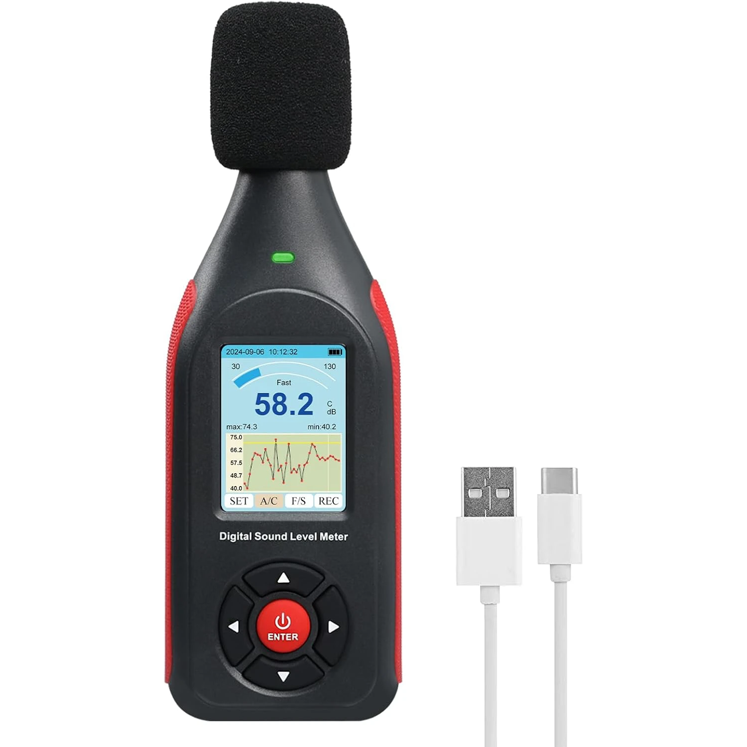 

Decibel Meter Data Logger, Digital Sound Level Meter with Recording, dB Meter 30~130dB, 31,000 Data, 3 Color Light Alarm