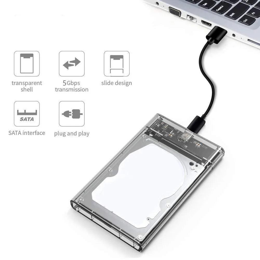 USB/Type C HDD Enclosure 2.5 inch SATA SSD Hard Drive Case with 5Gbps Transfer Speed Mobile External Housing Harddisk Boxs Cable