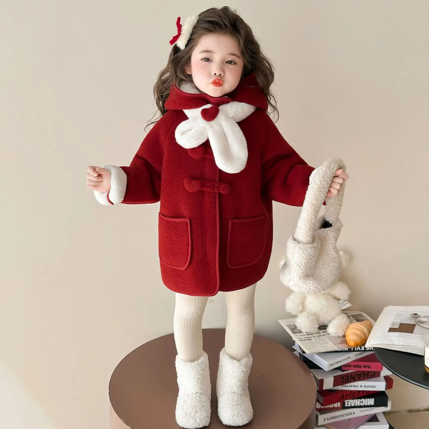 

Winter Warm Long Jackets Red Cotton Coats Cute Girls Baby Plus Velvet Red Thick Kids Christmas Hooded Outerwear Children Coat
