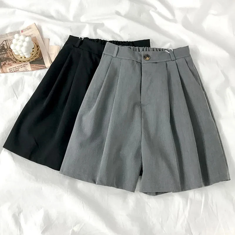 Casual High Waist Wide Leg Suit Shorts Women Korean Fashion Loose Solid Shorts Summer Office Ladies Black Thin Shorts