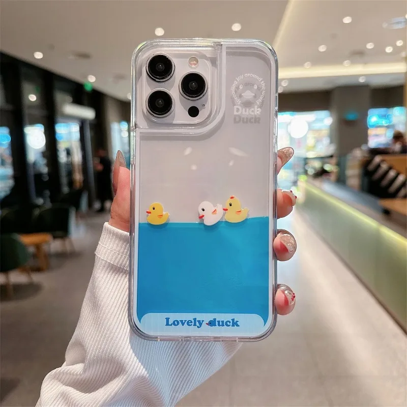 New Cartoon Cute Little Duck Quicksand Phone Case for IPhone 12 13 14 15 16 Pro Max Plus Protective Case All-inclusive Girl Gift - view 3