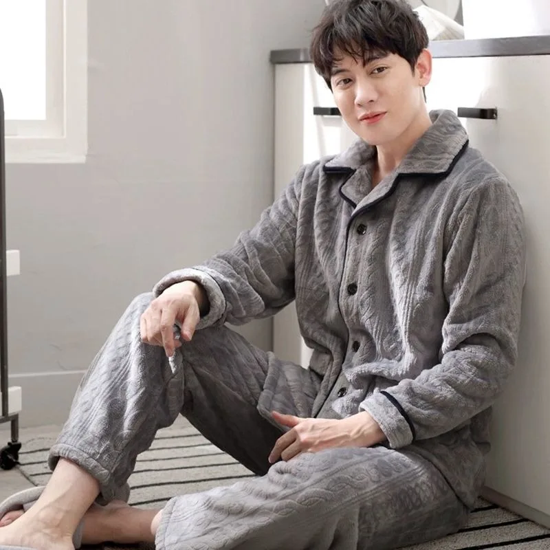 

2023 New Pajamas Men Autumn Winter Loungewear Coral Velvet Thickening and Plushing Sleepwear Warm Flannel V-neck Homewear Suit