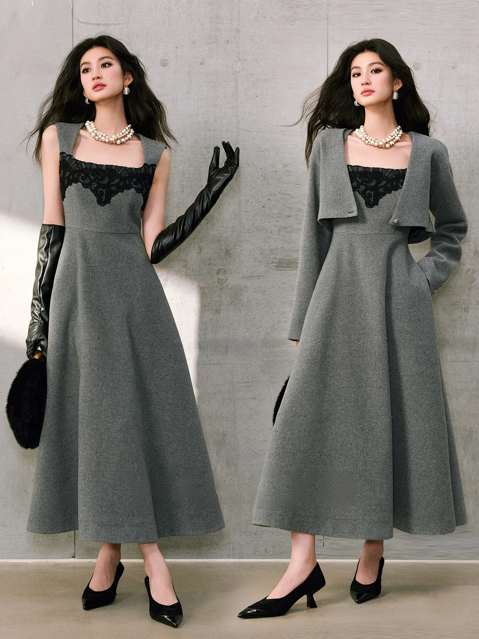 

Комплект из двух предметов WANGXO: шерстяной жилет с кружевом и юбка, V-образный вырез, вышивка, длинный рукав, зимняя мода для женщин