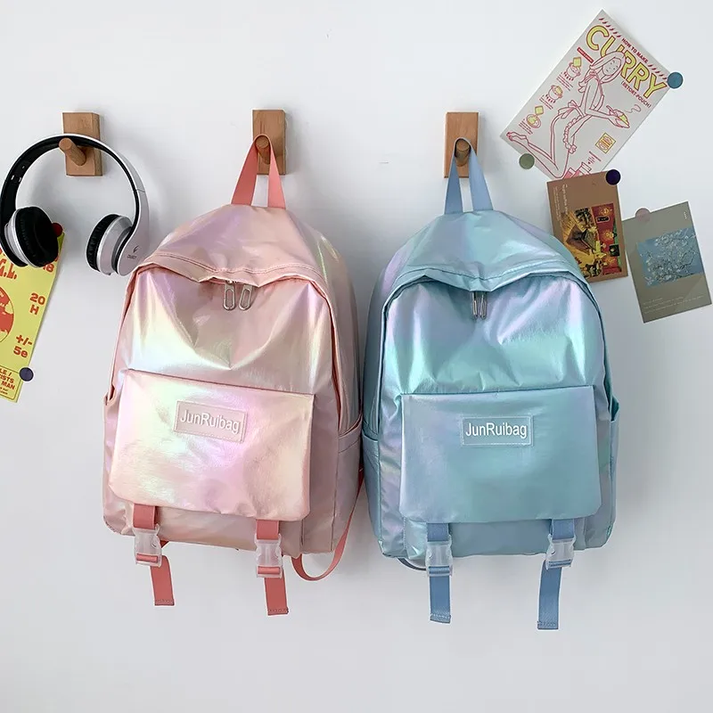 Sac à dos holographique pour filles, avec lettres brodées, grande capacité, idéal pour l\'école, le voyage