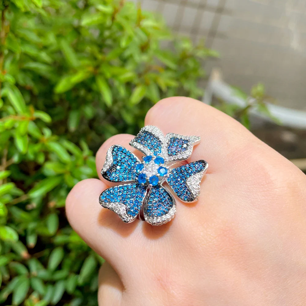 ThreeGraces Aesthetic Blue Cubic Zirconia Adjustable Size Extra Large Flower Ring for Women New Fashion Daily Party Jewelry R181