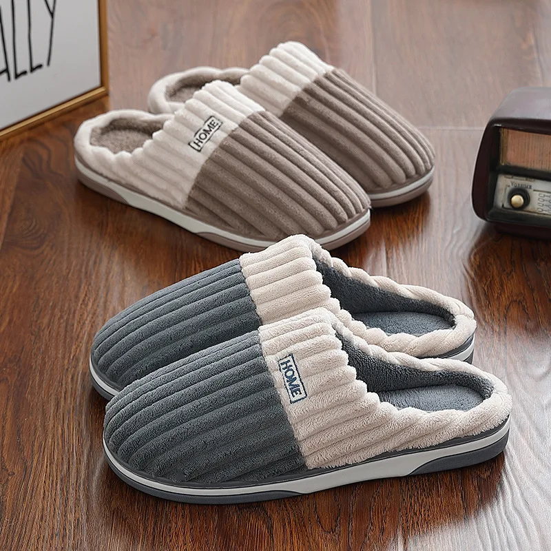 Home Simple Cotton Slippers Men and Women Winter Indoor Plush Comfortable Warm Slippers Fashion Non-slip Striped Couple Shoes