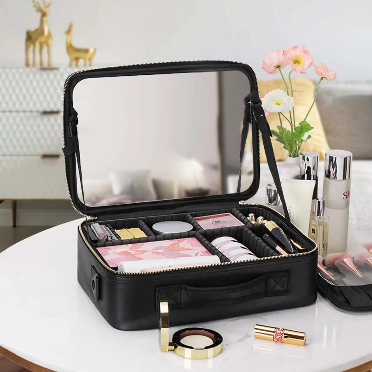 High-End Full-Screen Spiegel Make-Up Tas Dames Draagbare Make-Up Case Draagbare Grote Capaciteit Huidverzorging Cosmetica Opbergtas