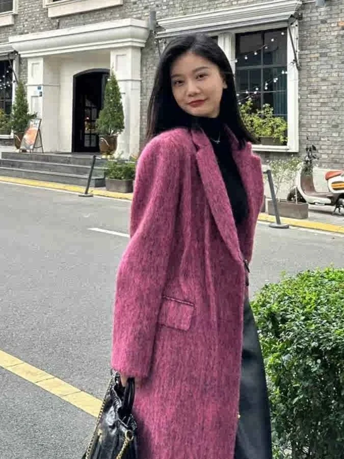 

plus Size Women's Pink Woolen Suit Jaet High Waist Design Korean Sle Commute Thiened Spring Autumn Outerwear