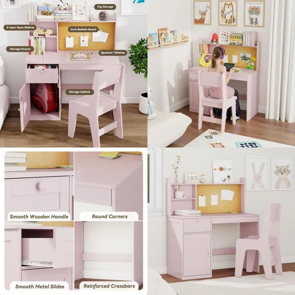

Розовый деревянный учебный стол и стул с местом для хранения для детей 5–12 лет