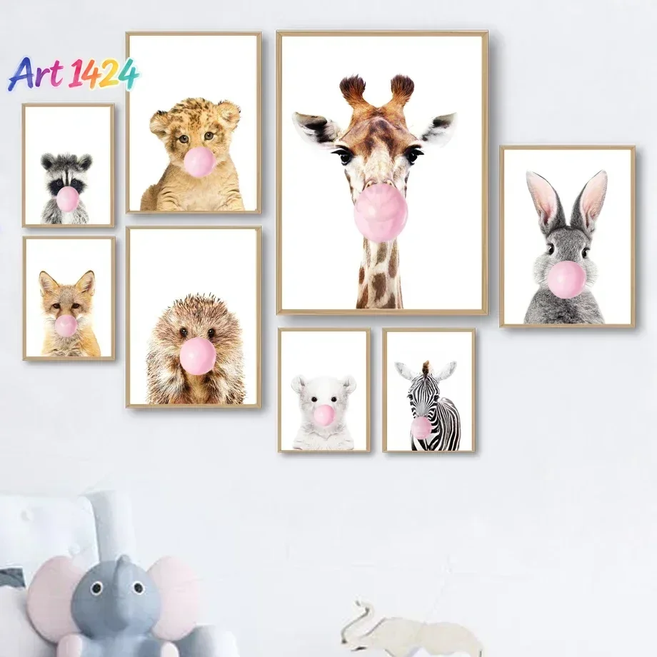Scandinavian Minimalist Wall Art Blowing Gumball Rabbit Elephant Giraffe Lion Fox Poster Print Home Bedroom Living Room Decor