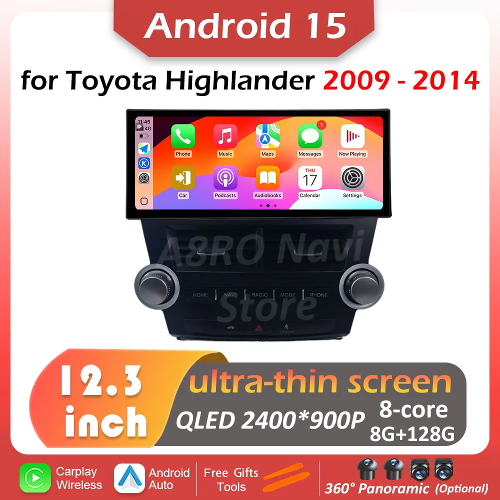 for Toyota Highlander 2009 2010 2011 2012 2013 2014 Android 15 Carplay Cooling fan Ultra-thin Screen DSP Stereo WIFI Accessories