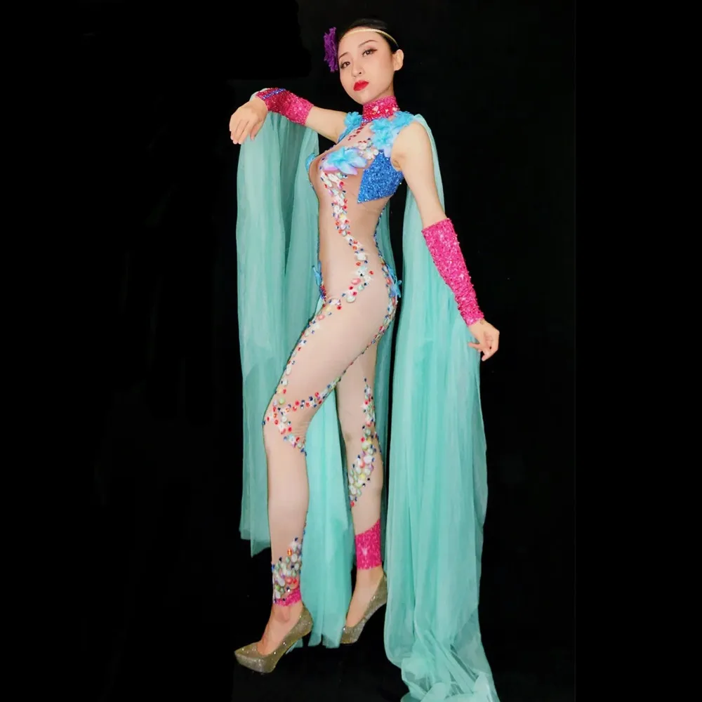 Kolorowy Kryształowy Kombinezon z Kwiatami dla Piosenkarki, Tancerki, na Koncert, Występ Sceniczny, Imprezę, Kostium Drag Queen