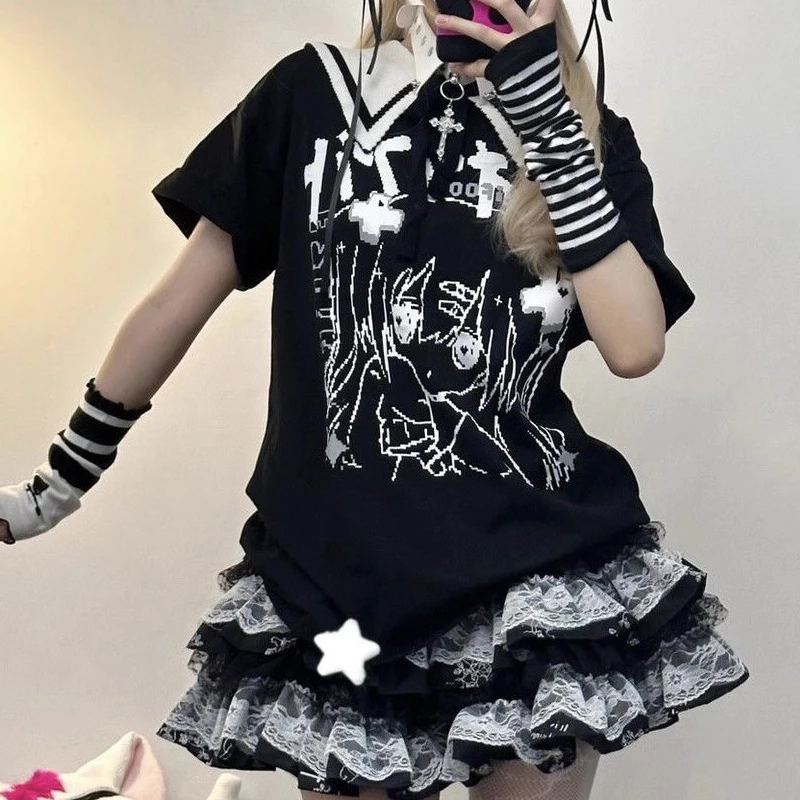 

Subcultural Gothic Punk Dark Cartoon Print Short-sleeved Top Tee Shirt Harajuku y2k Retro Lolita women Fluffy Lace Cake Skirt